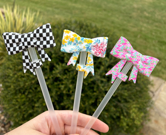 Checkered/Floral Large Bow Straw Toppers
