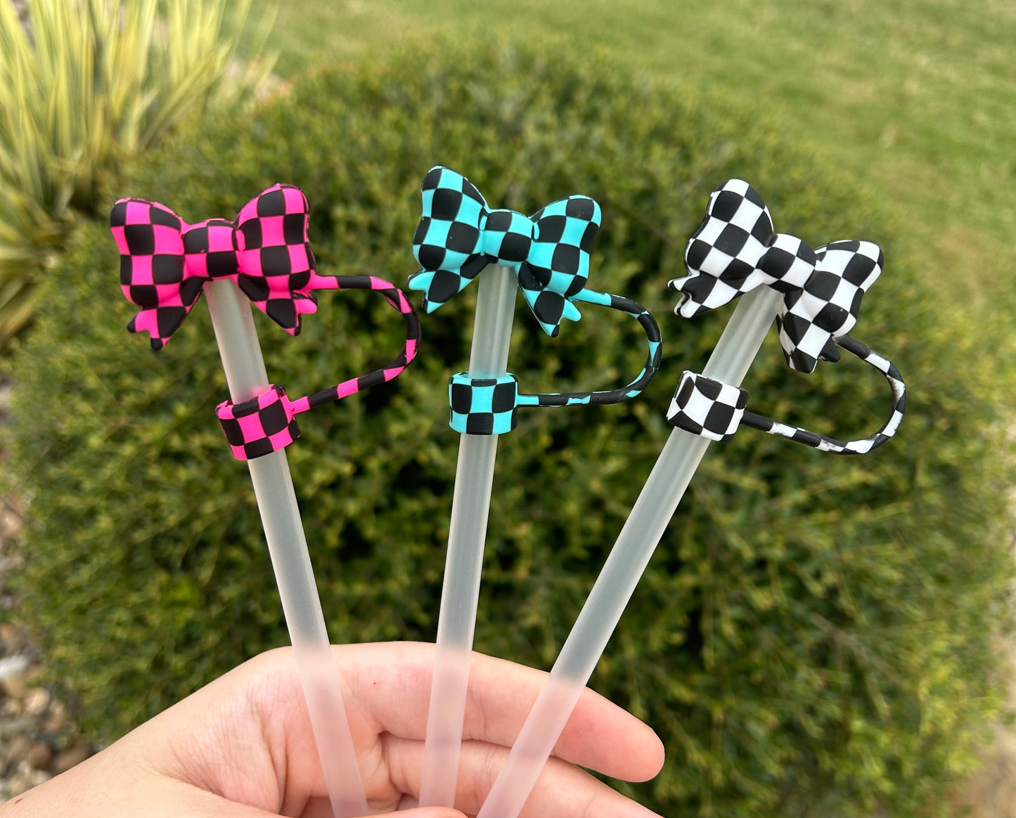 Checkered Small Bow Straw Toppers