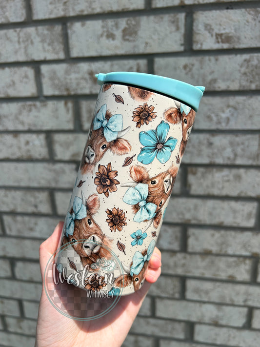 Teal Highland Cow Koozie Cup
