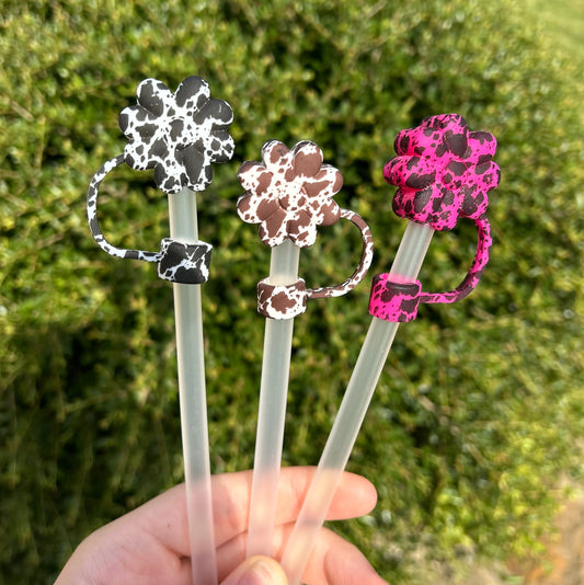 Cow Print Flower Straw Toppers