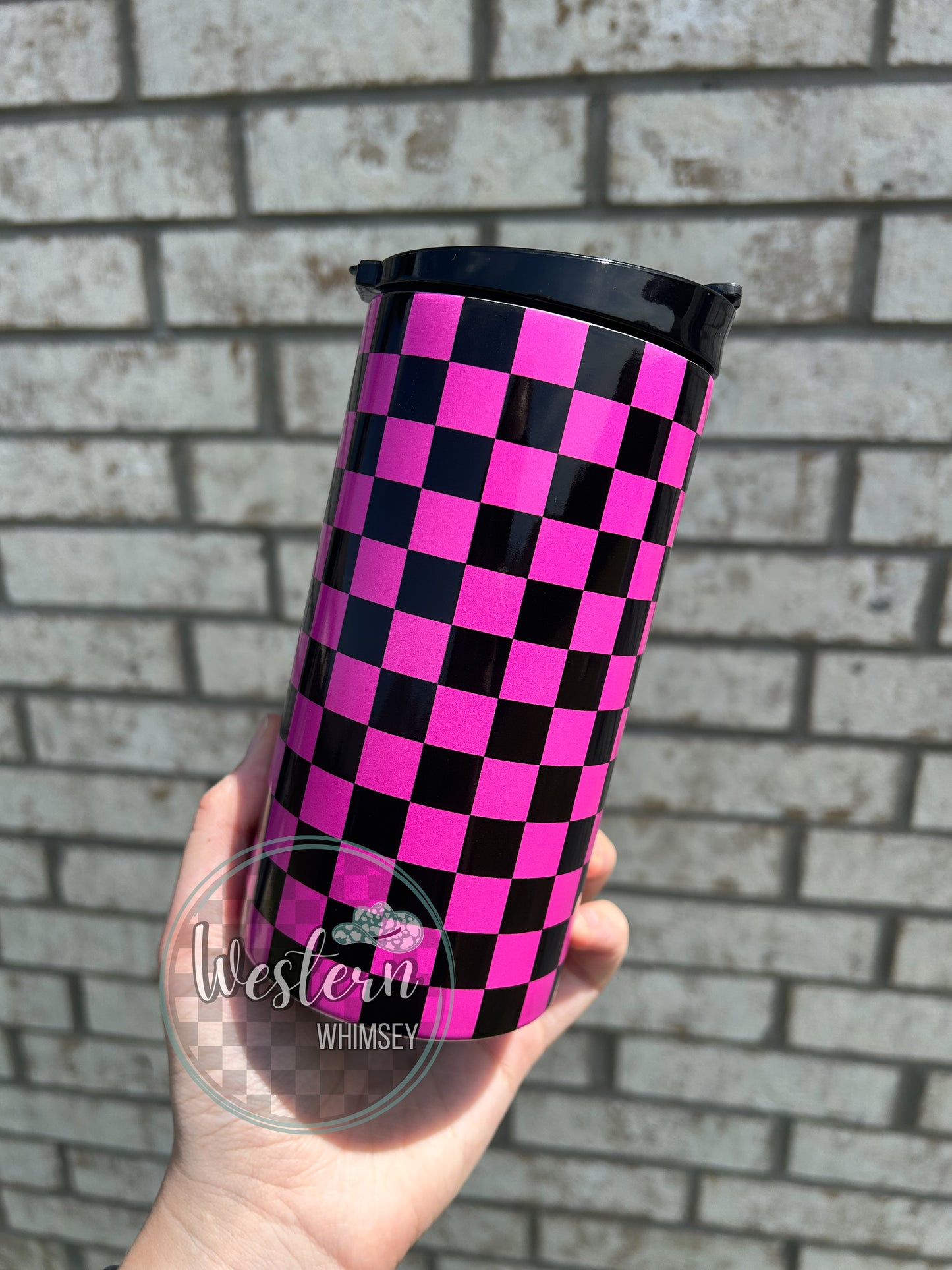 Pink & Black Checkered Koozie Cup